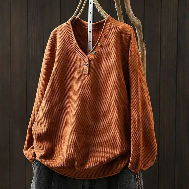 Buddha Stones Fall Colorful Buttons V-Neck Cotton Women's Long Sleeve Knitted Sweater