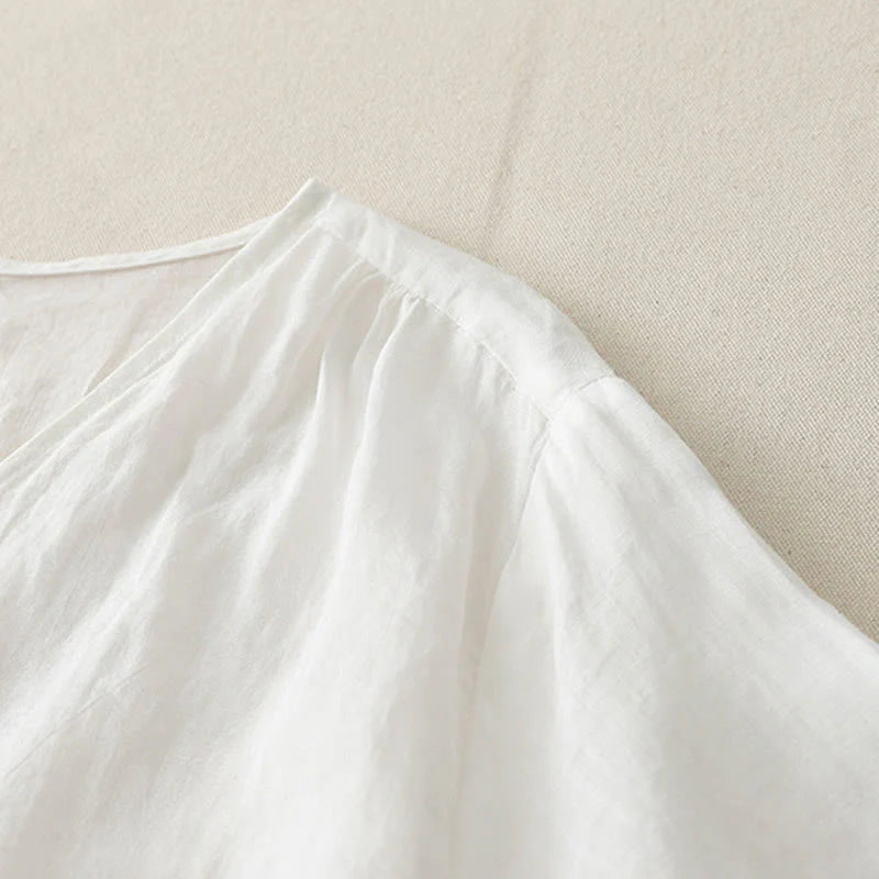 Buddha Stones Embroidery Button-down Women's Cotton Linen Shirt