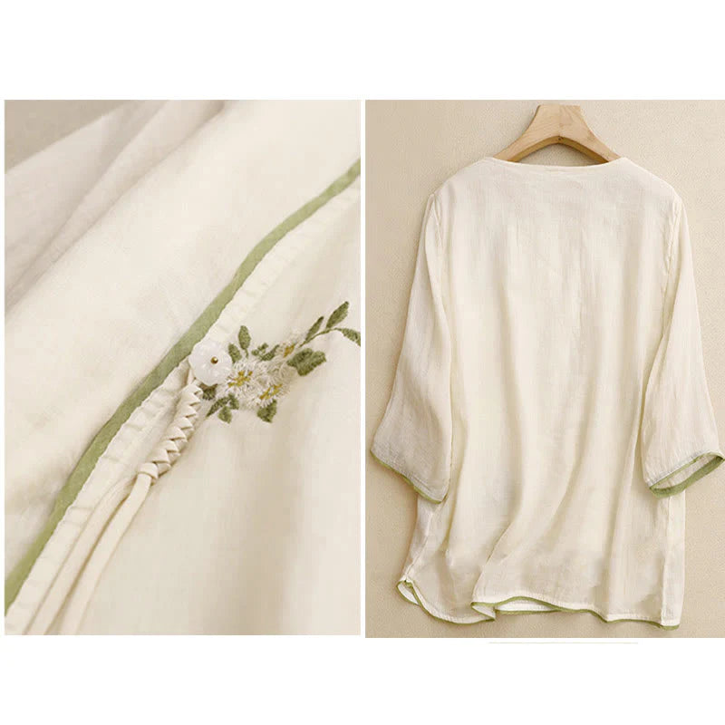 Buddha Stones Beige Floral Green Leaf Embroidery Crew Neck Three Quarter Sleeve Women's Cotton Shirt