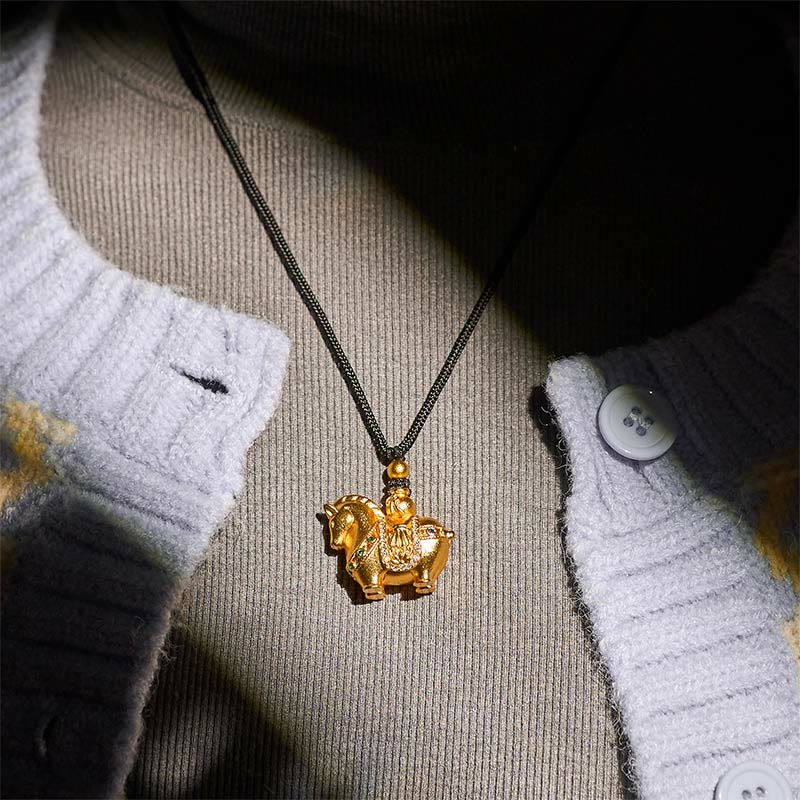 Buddha Stones Year Of The Horse 24k Gold Plated Brass Rope Cord Necklace Pendant