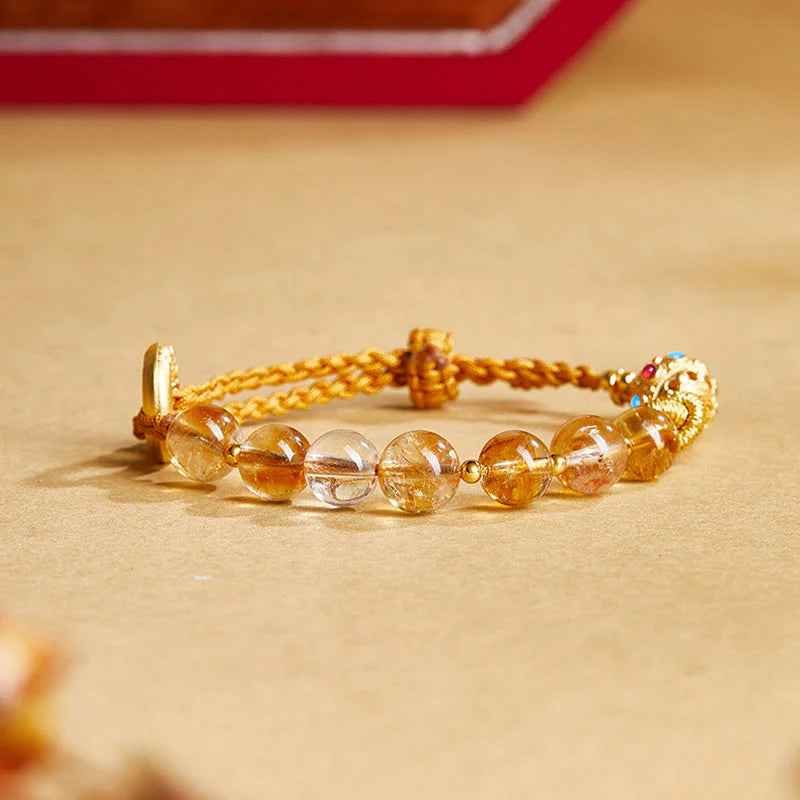 Buddha Stones 925 Sterling Silver Natural Citrine White Crystal Peace Buckle Meaning Fu Character Protection Braided String Bracelet
