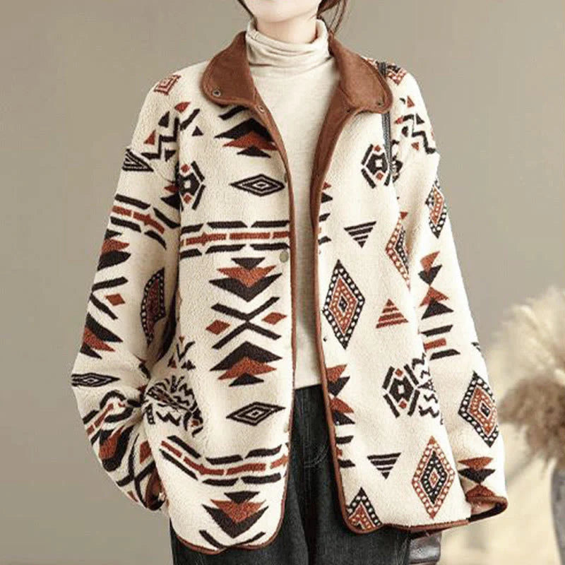 Buddha Stones Fall Winter Buttons Geometric Patterns Long Sleeve Cotton Women's Jacket