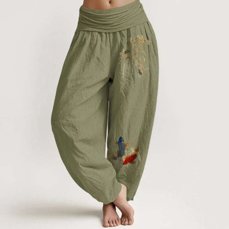 Buddha Stones Pure Cotton Pine Tree Koi Fish Pattern Women's Elastic Waist Harem Pants