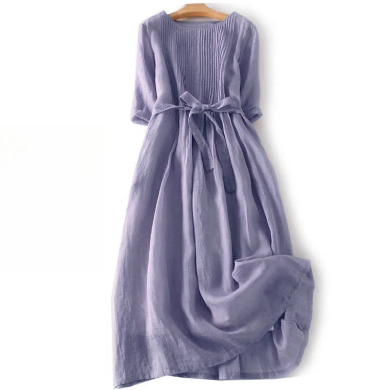 Buddha Stones Casual Lace-up Plain Crew Neck Half Sleeve Midi Dress With Pockets