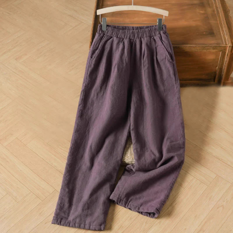 Buddha Stones Winter Plain Cotton Thermal Women's Wide Leg Pants With Pockets