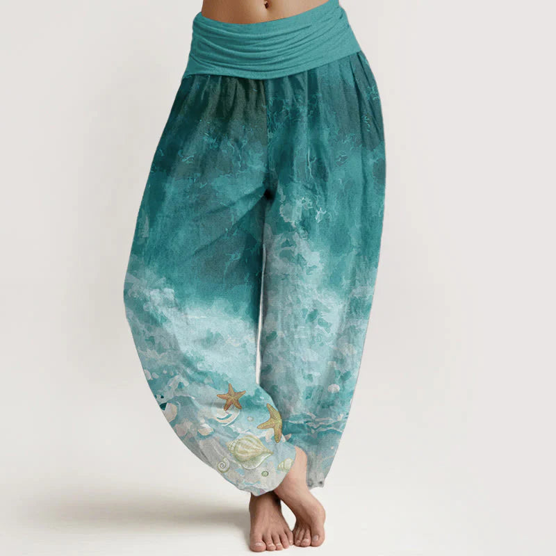 Buddha Stones Pure Cotton Vast Ocean Pattern Women's Elastic Waist Harem Pants