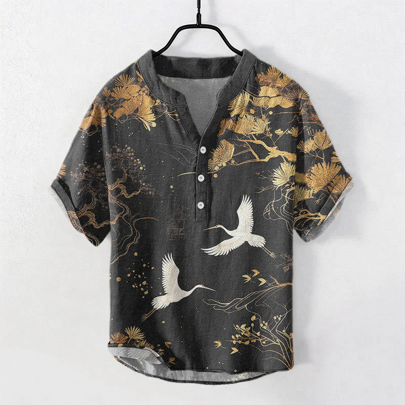 Buddha Stones Cotton Pine Tree White Crane Pattern Men's Short Sleeve Half Button Shirt