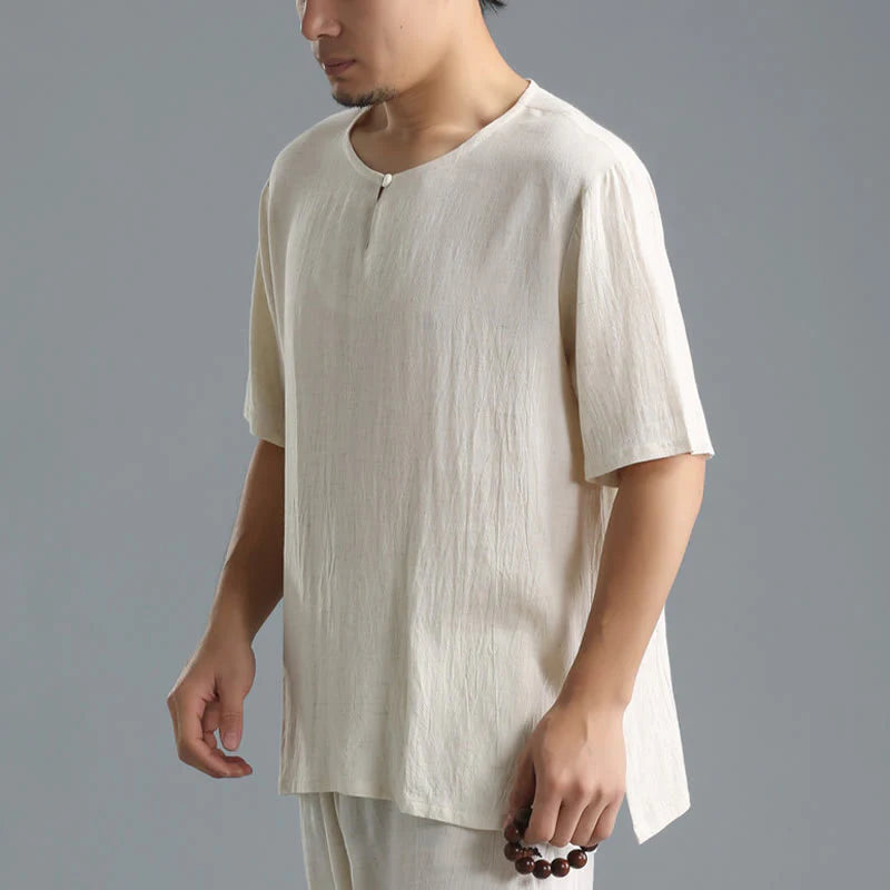 Buddha Stones Men's Solid Color Round Neck Short Sleeve CottonÂ Linen Shirt