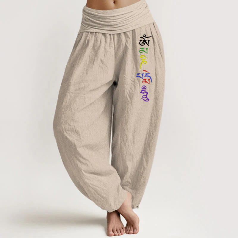 Buddha Stones Pure Cotton Om Symbol Tibetan Script Pattern Women's Elastic Waist Harem Pants