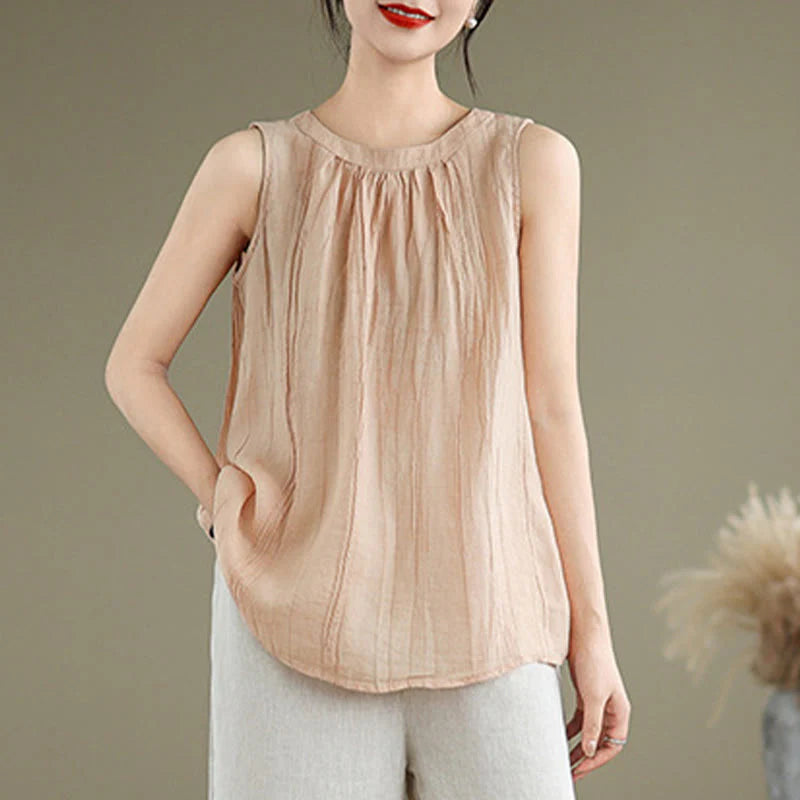 Buddha Stones Summer Wrinkles Simple Design Crew Neck Cotton Linen Women's Sleeveless Vest Waistcoat