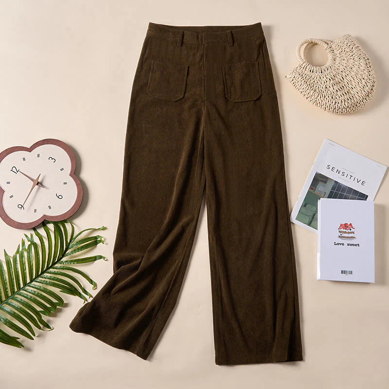 Buddha Stones Plain Corduroy Polyester Women's Buttons Wide Leg Pants With Pockets