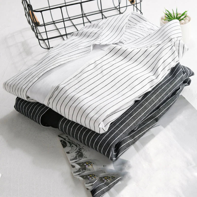 Buddha Stones Fall 2 In 1 Stripes Stand Collar Long Sleeve Men's Cotton Shirt