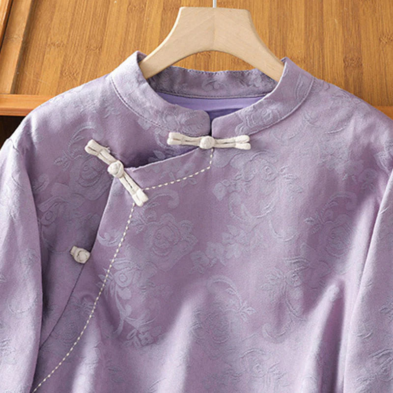 Buddha Stones Fall Jacquard Floral Print Frog-Button Stand Collar Long Sleeve Women's Cotton Shirt
