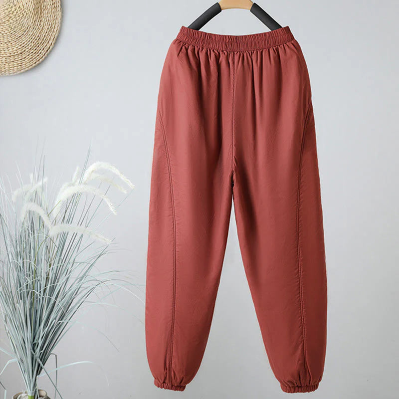 Buddha Stones Winter Elastic Waist Cotton Thermal Women's Cropped 7-8 Length Harem Pants With Pockets