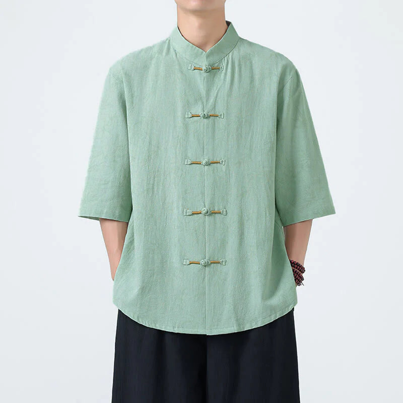 Buddha Stones Summer Bamboo Leaves Pattern Chinese Frog-Button Cotton Linen Short Sleeve Men's Shirt