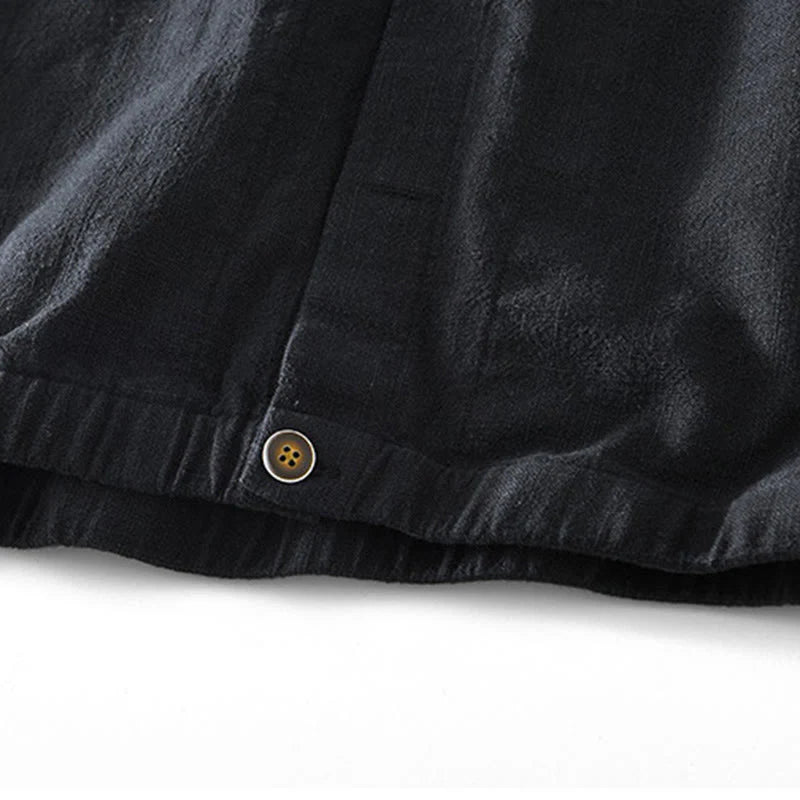Buddha Stones Commute Plain Simple Buttons Design Men's Long Sleeve Ramie Linen Jacket With Pockets