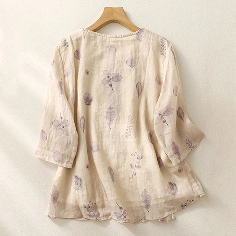 Buddha Stones Embroidery Design Leaves Women's Cotton Linen Three Quarter Sleeve Shirt