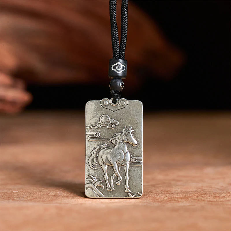 Buddha Stones Year of the Horse Chinese Zodiac Natal Buddha Copper Plated Silver Balance Necklace Pendant