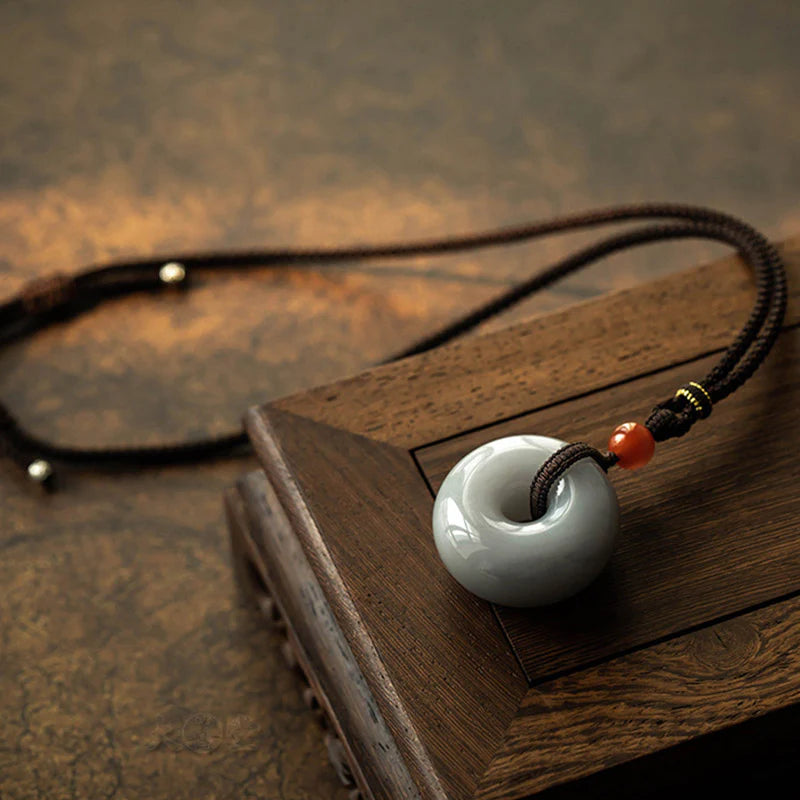 Buddha Stones Natural Round Jade Gray Jade Peace Buckle Luck Necklace Pendant