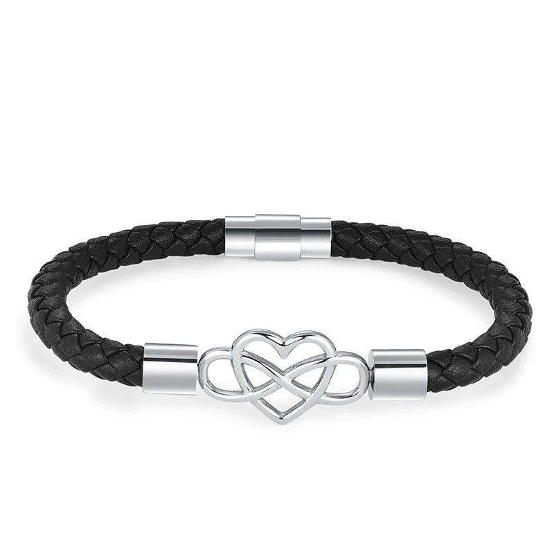 Buddha Stones Endless Knot Heart Leather Titanium Steel Strength Buckle Bracelet