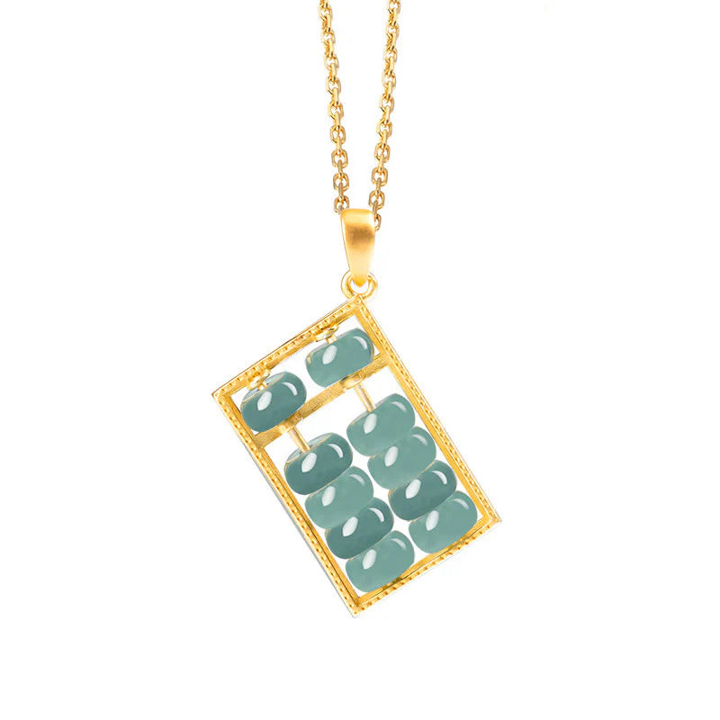 Buddha Stones Natural Jade Abacus Pattern Abundance Titanium Steel Chain Necklace Pendant