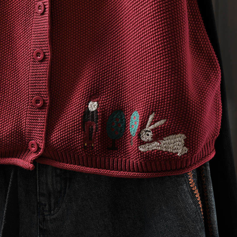 Buddha Stones Figure Rabbit Tree Embroidery Buttons Women's Sleeveless Cotton Knitted Vest Waistcoat