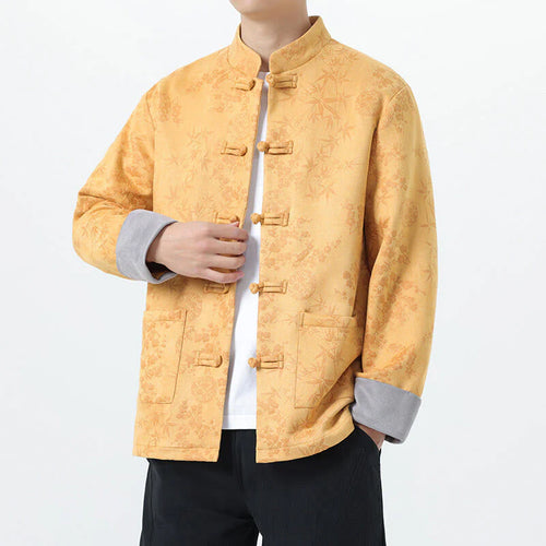 Buddha Stones Fall Jacquard Bamboo Frog-button Long Sleeve Men's Cotton Jacket With Pockets