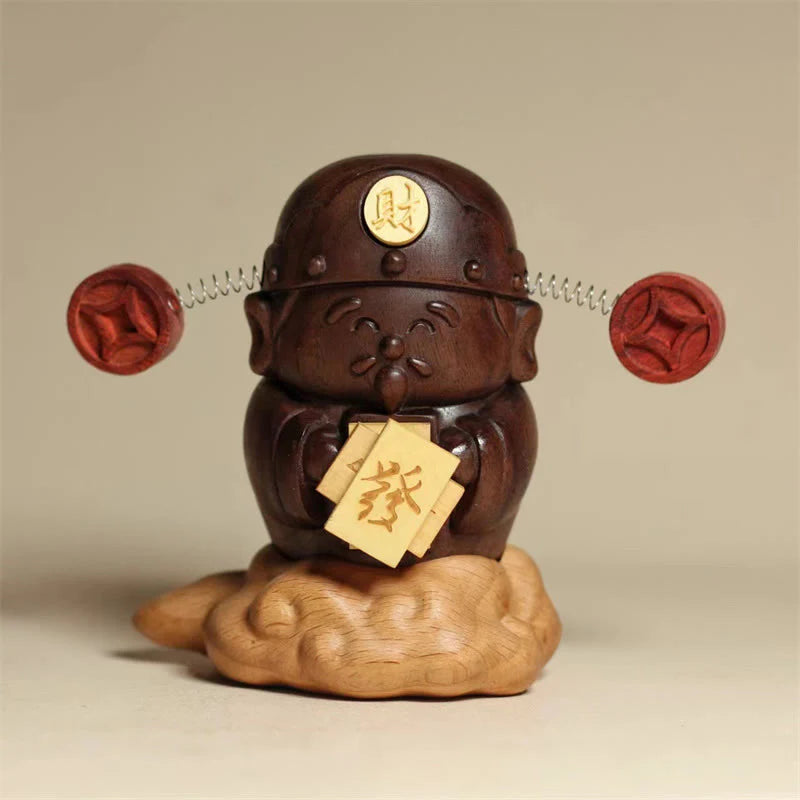 Buddha Stones God Of Wealth Caishen Black Walnut Beech Statue Fu Character Copper Coins Home Decoration