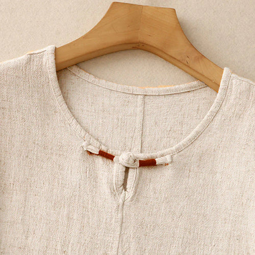 Buddha Stones Colorblock Side Slit  Frog-Button Cotton Linen Half Sleeve Women's Shirt With Pockets