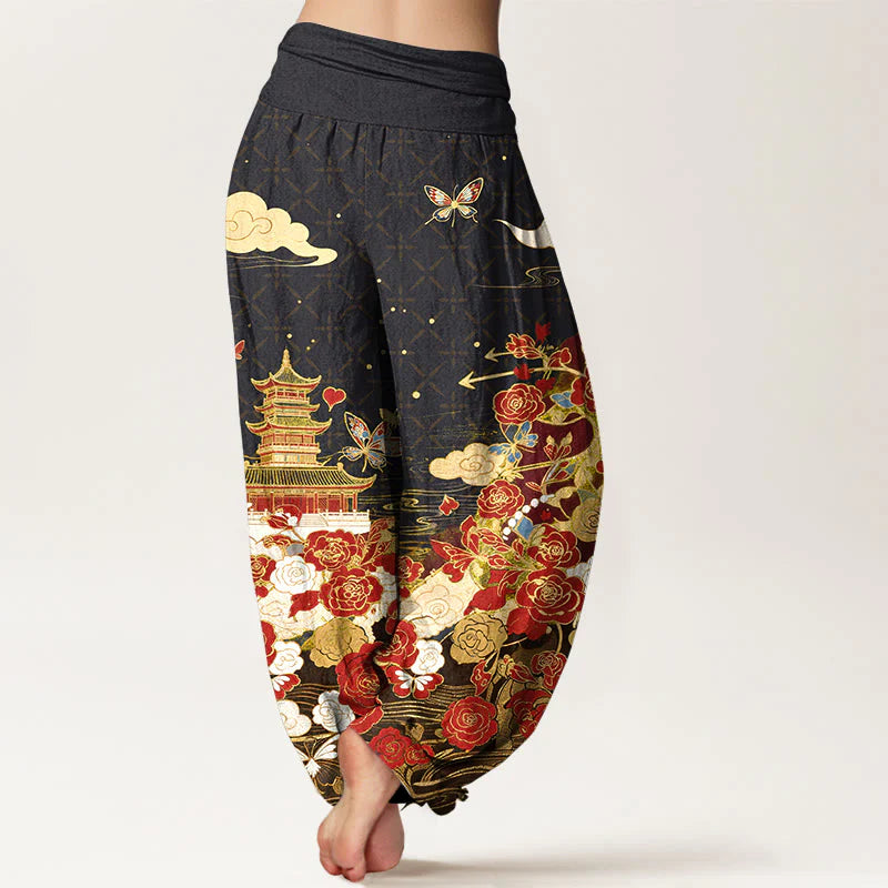 Buddha Stones Cotton Butterfly Rose Pagoda Heart Pattern Women's Elastic Waist Harem Pants