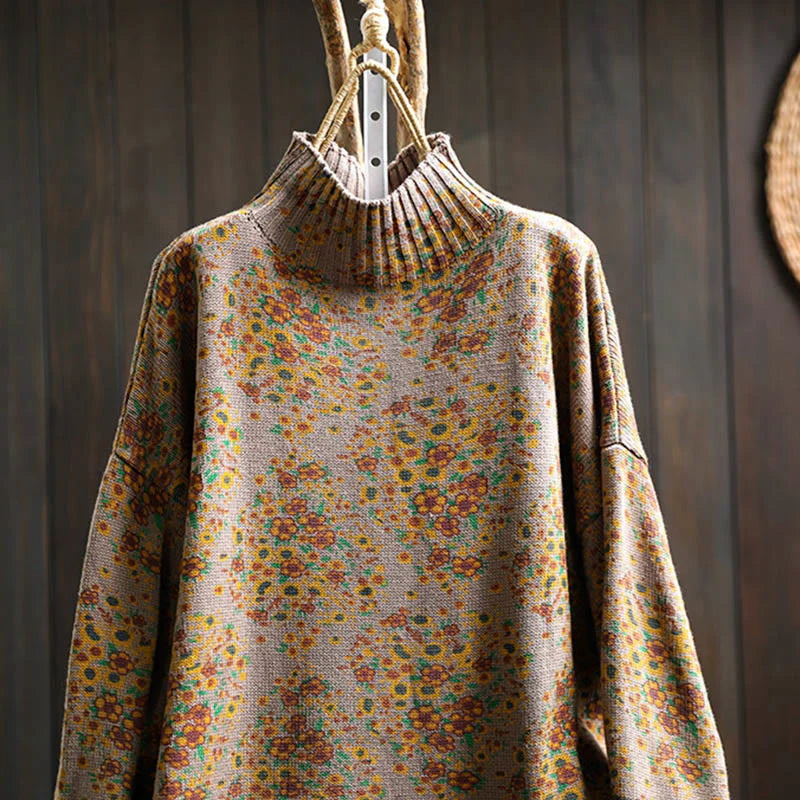Buddha Stones Women's Knitted Floral Cotton Ribbed Hem Long Sleeve Mock Neck Sweater