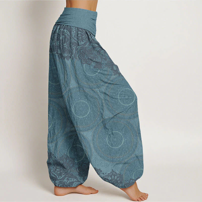 Buddha Stones Cotton Casual Flowers Compass Design Women's Elastic Waist Harem Pants