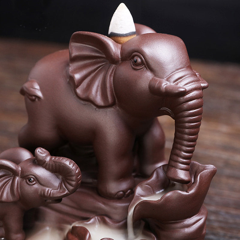 Buddha Stones Tibetan Elephant Purple Clay Backflow Smoke Fountain Protection Incense Burner Decoration