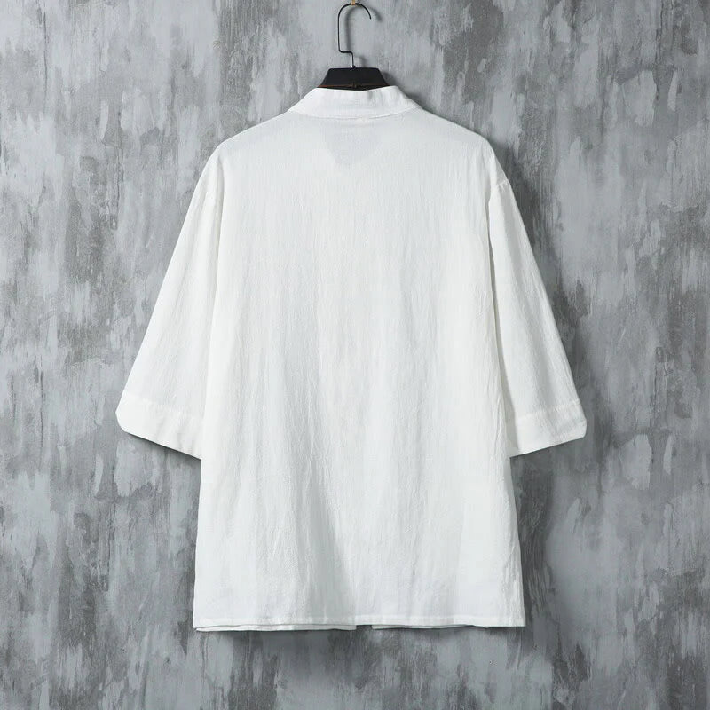 Buddha Stones Solid Color Tang Suit Frog-Button Design Men's Half Sleeve Linen Shirt With Pockets