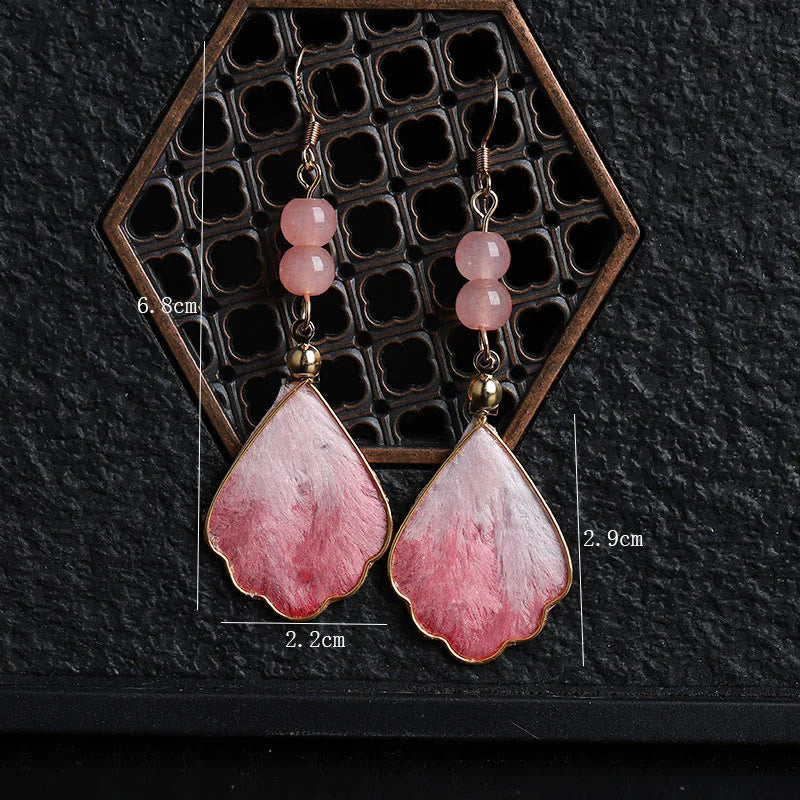 Buddha Stones Silk Art Handmade Pink Velvet Good Fortune Protection Drop Hook Earrings