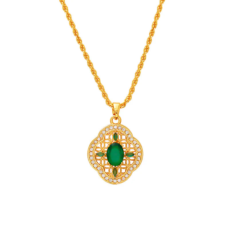 Buddha Stones Four Leaf Clover Hollow Design Copper Plated Gold Chain Luck Necklace Pendant