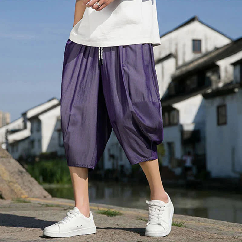Buddha Stones Summer Elastic Waist Drawstring Solid Color Half Men's Tapered Pants With Pockets
