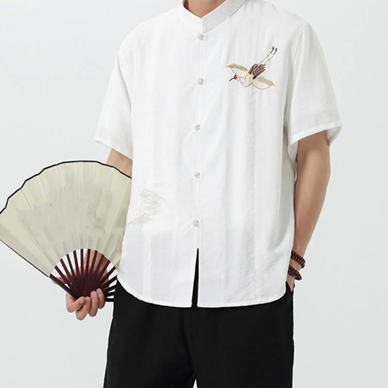 Buddha Stones Embroidery Buttons Half Sleeve Design Stand Collar Men's Cotton Shirt