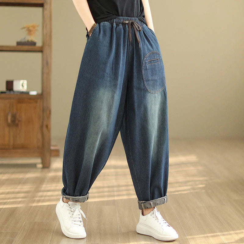 Buddha Stones Casual DarkSlateBlue Plain Drawstring Cotton Women's Harem Pants With Pockets