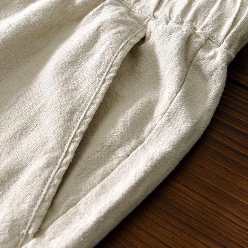 Buddha Stones Casual Solid Color Simple Design Drawstring Ramie Linen Men's Pants With Pockets