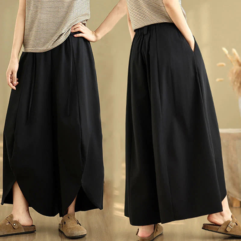 Buddha Stones Summer Vintage Lace-Up Women's Wide Leg Split Pants With Pockets