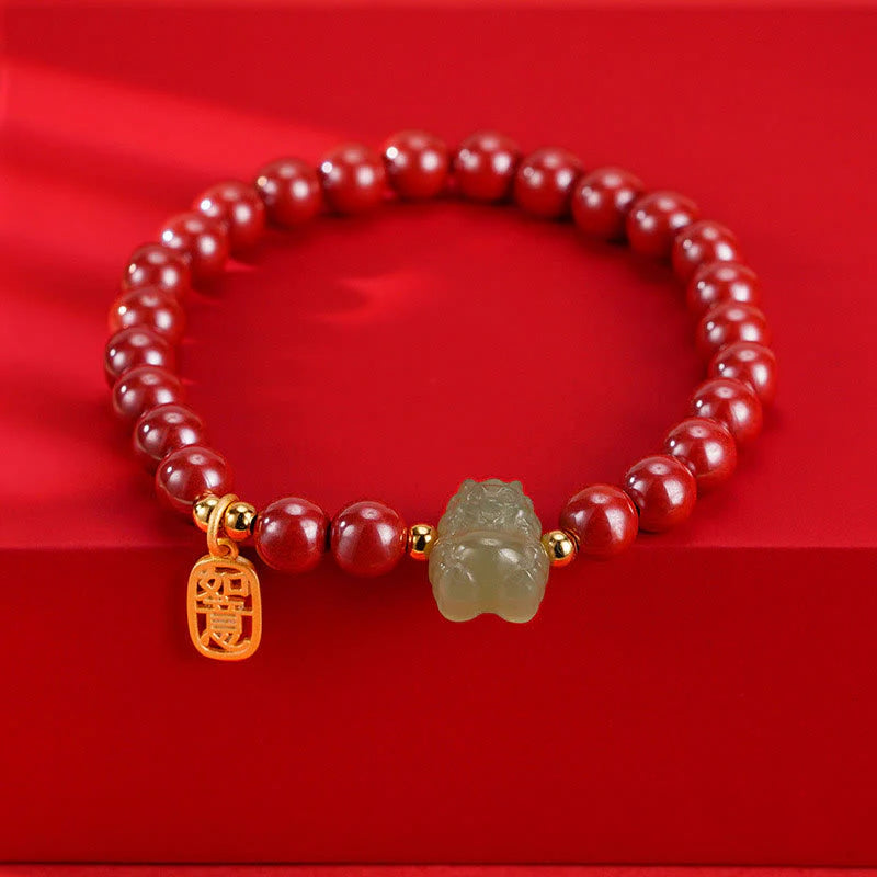 Buddha Stones 925 Sterling Silver Year of the Dragon Natural Cinnabar Hetian Jade Dragon Fu Character Ruyi As One Wishes Charm Blessing Bracelet (Extra 30% Off | USE CODE: FS30)
