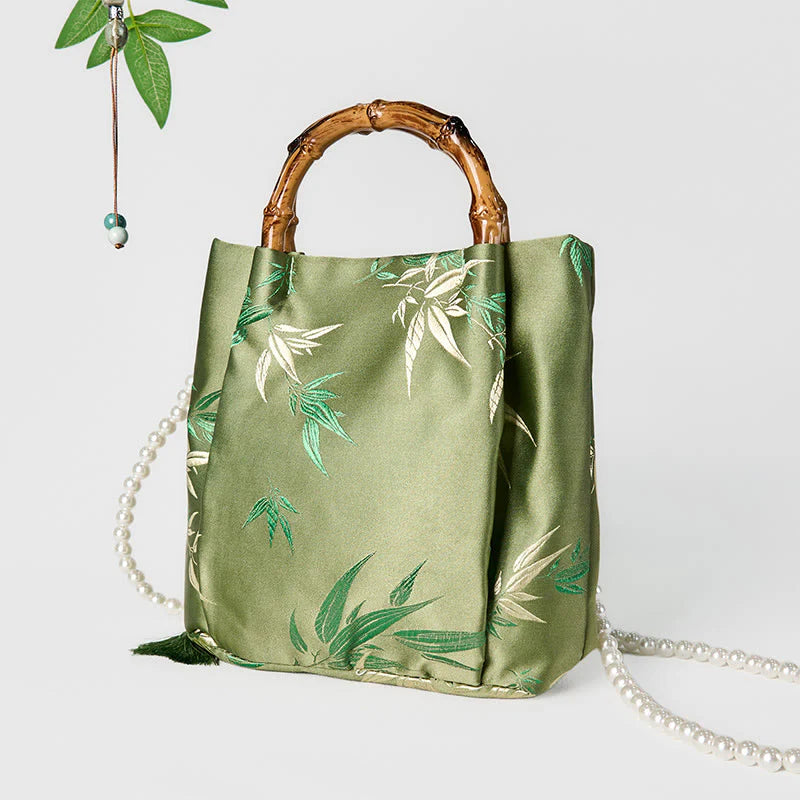 Buddha Stones Embroidery Leaves Bamboo Handle Pearl Crossbody Bag Hangbags