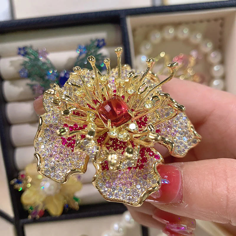 Buddha Stones Peony Flower Prosperity Copper Brooch