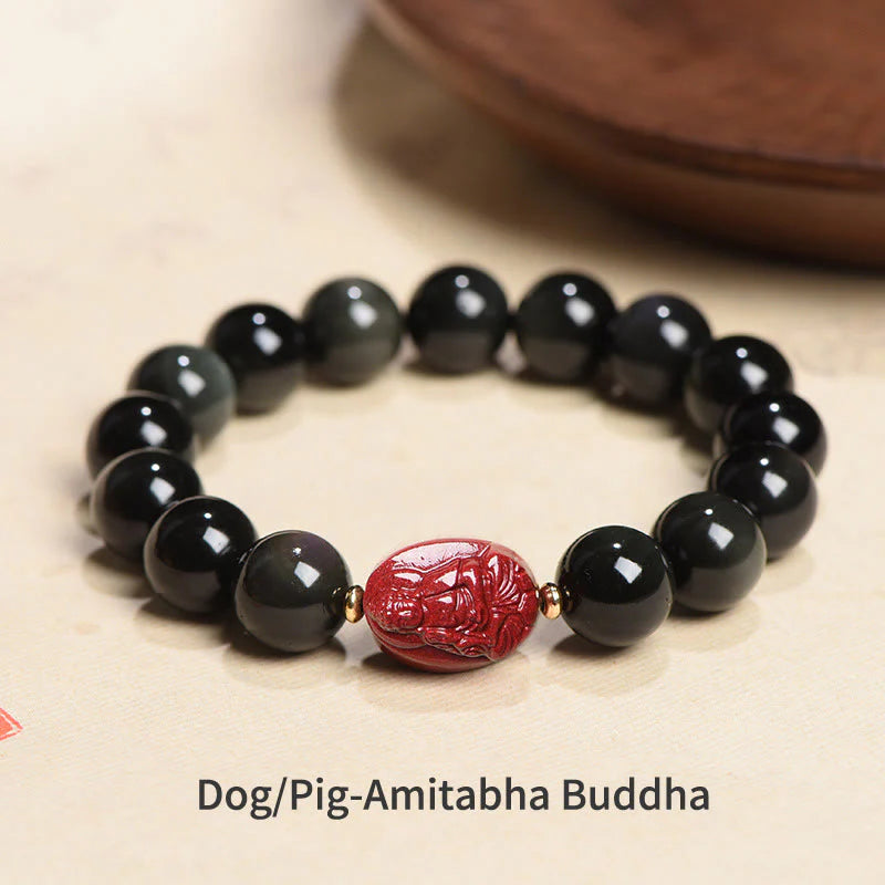 Buddha Stones Chinese Zodiac Natal Buddha Natural Black Obsidian Cinnabar Purification Bracelet (Extra 35% Off | USE CODE: FS35)