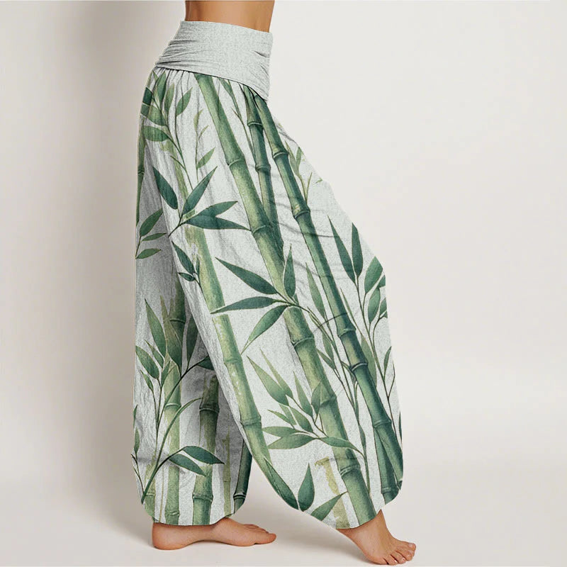 Buddha Stones Cotton Casual Bamboo Leaves Pattern Women's Elastic Waist Harem Pants
