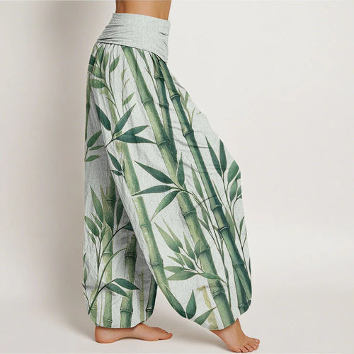 Buddha Stones Cotton Casual Bamboo Leaves Pattern Women's Elastic Waist Harem Pants