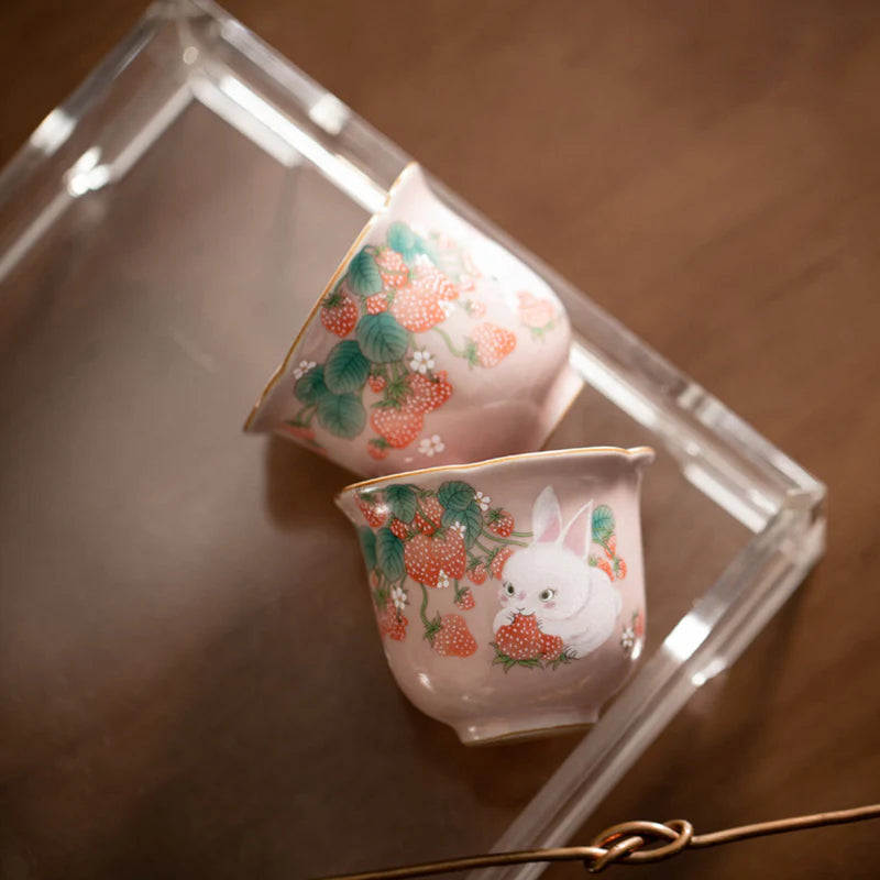 Buddha Stones Cute Strawberry Rabbit Flower Ceramic Teacup Kung Fu Tea Cup 55ml