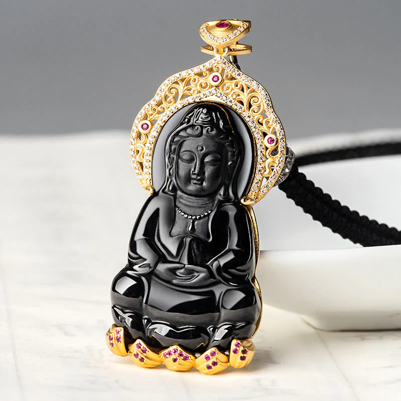 Buddha Stones Natural Black Jade Kwan Yin Avalokitesvara Wealth Titanium Steel Chain Necklace Pendant