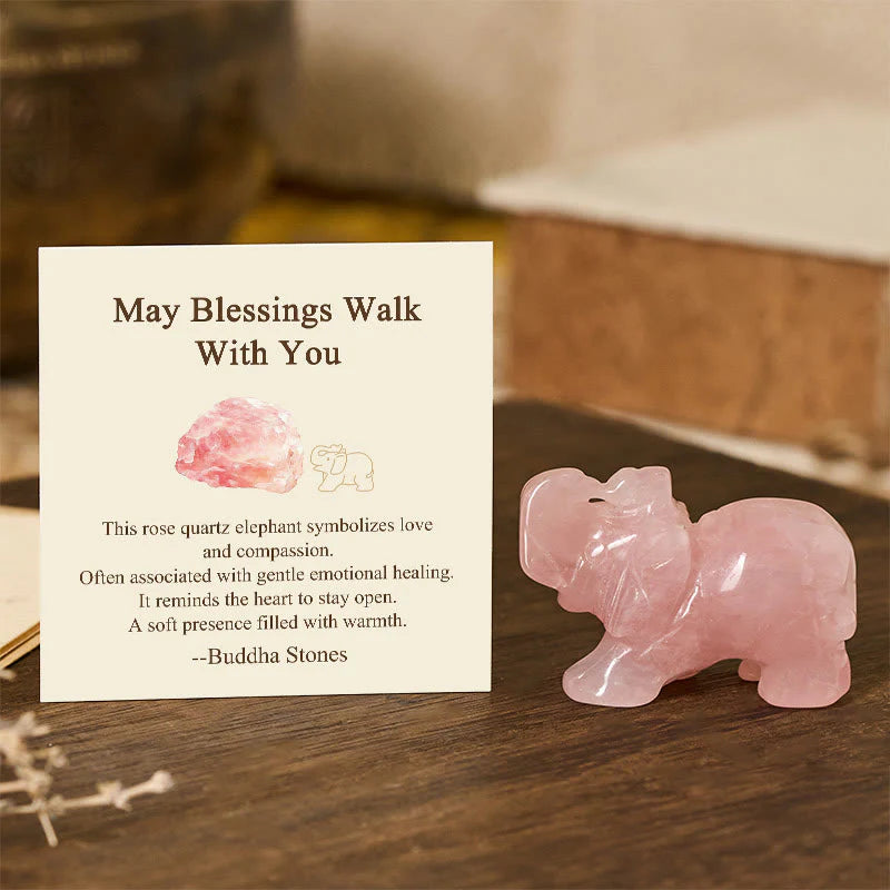 Buddha Stones ''May Blessings Walk With You'' Natural Small Elephant Amazonite Amethyst Jade Black Obsidian Stone Decoration Includes Gift Message Card